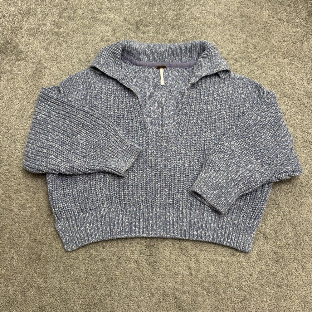 Free People Chunky Cotton Blend Collared V-Neck Sweater Women XS Blue LongSleeve